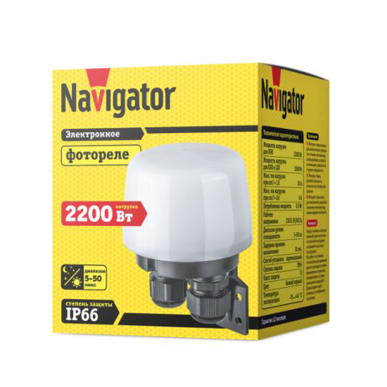 Фотореле (датчик освещенности) Navigator 10А, 220Вт, IP66, задерж.вкл 16 сек. NS-PC04-WH 80451